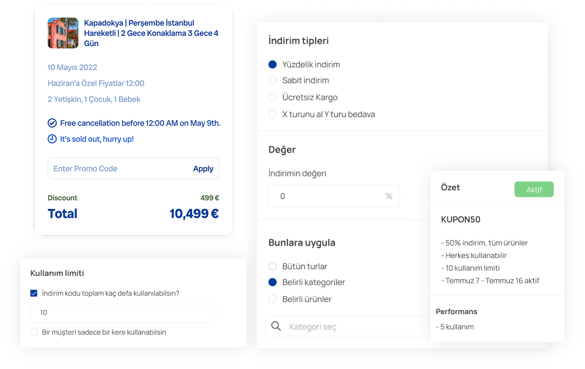 Kupon kodları ile satışlarınızı organize edin.
